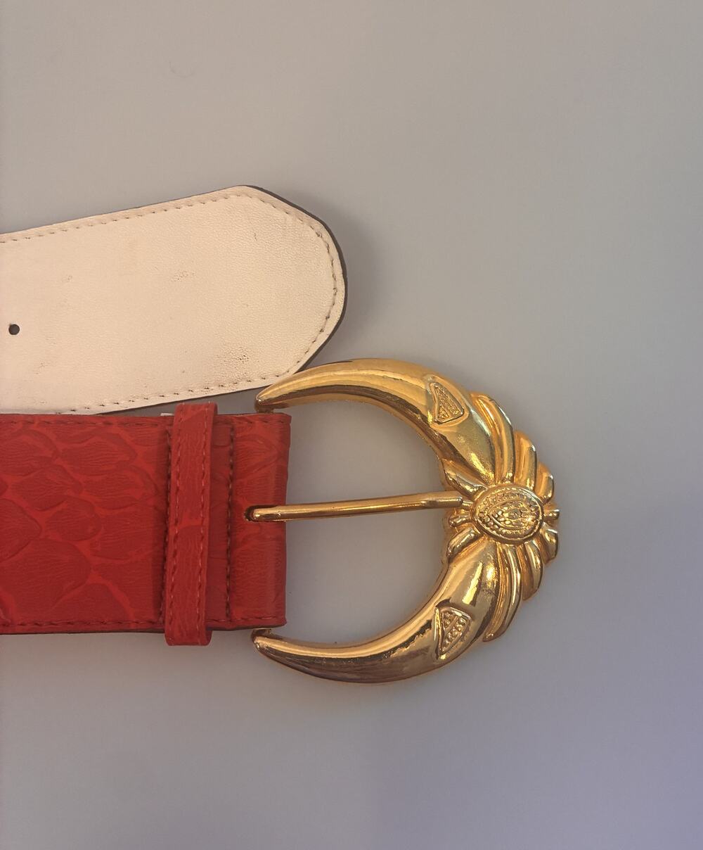 Vintage 80s Red Faux Snake Leather Wide Belt Gold Tone Ornate Buckle 29"